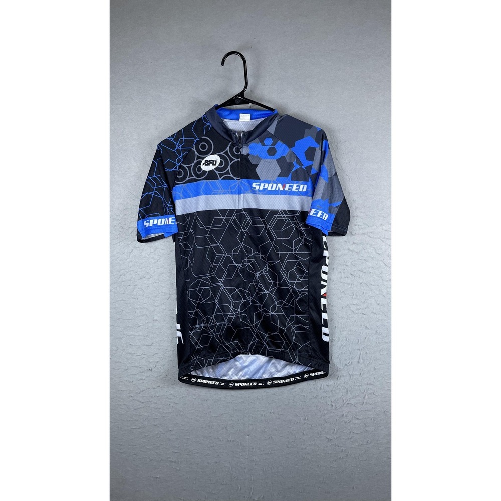 Sponeed‎ Cycling Jersey Mens Medium 1/4 Zip Short Sleeve Black Blue Geo Print
